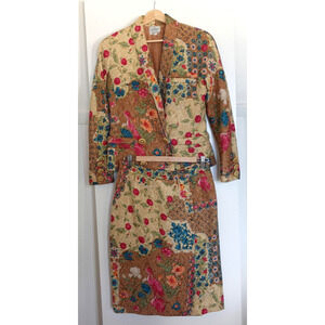 Vintage Valentino Boutique Jacket Skirt Set Womens 8 Silk Jacquard Floral Italy